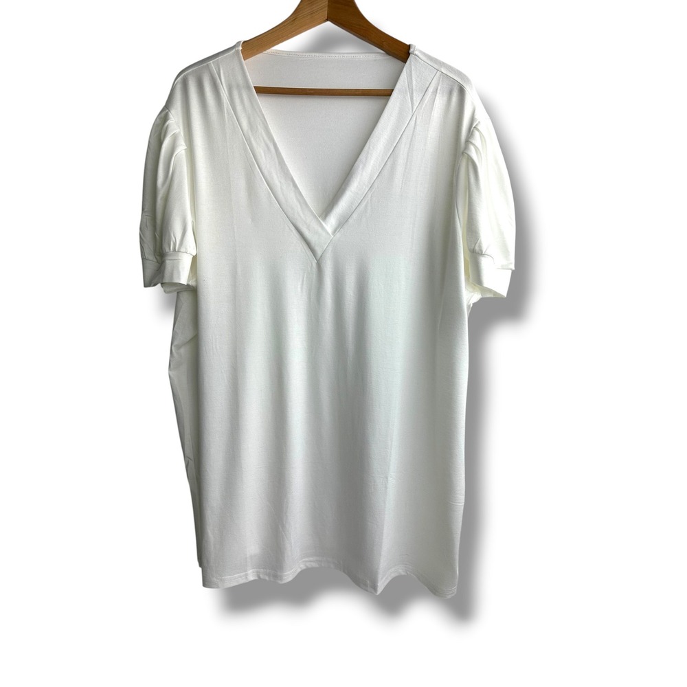 Enunube Women White V-Neck Puff Short Sleeve Blouse Top Plus Size 3XL NWT
